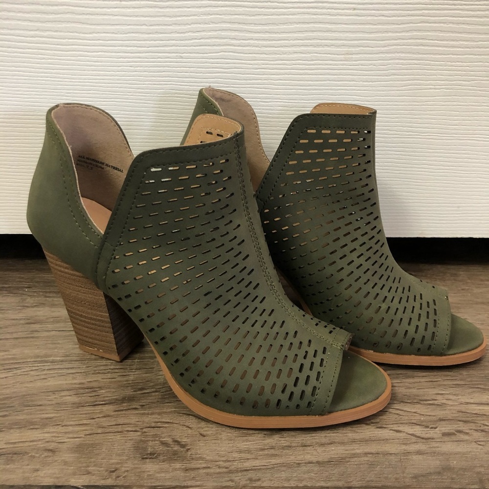 Olive green open toe booties